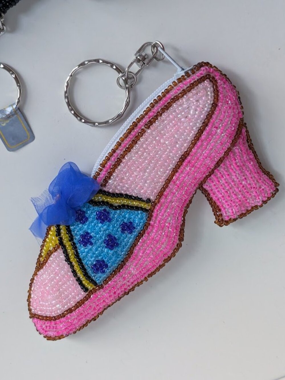 Beaded Pink High Heel Shoe Coin Purse & Black Cat Face Key Chain